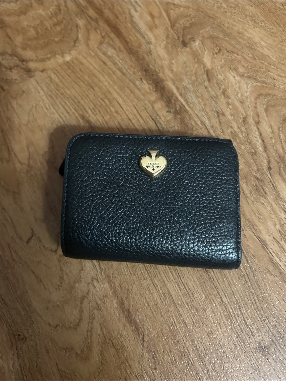Black Pebbled Leather Compact Wallet with Gold Heart Emblem